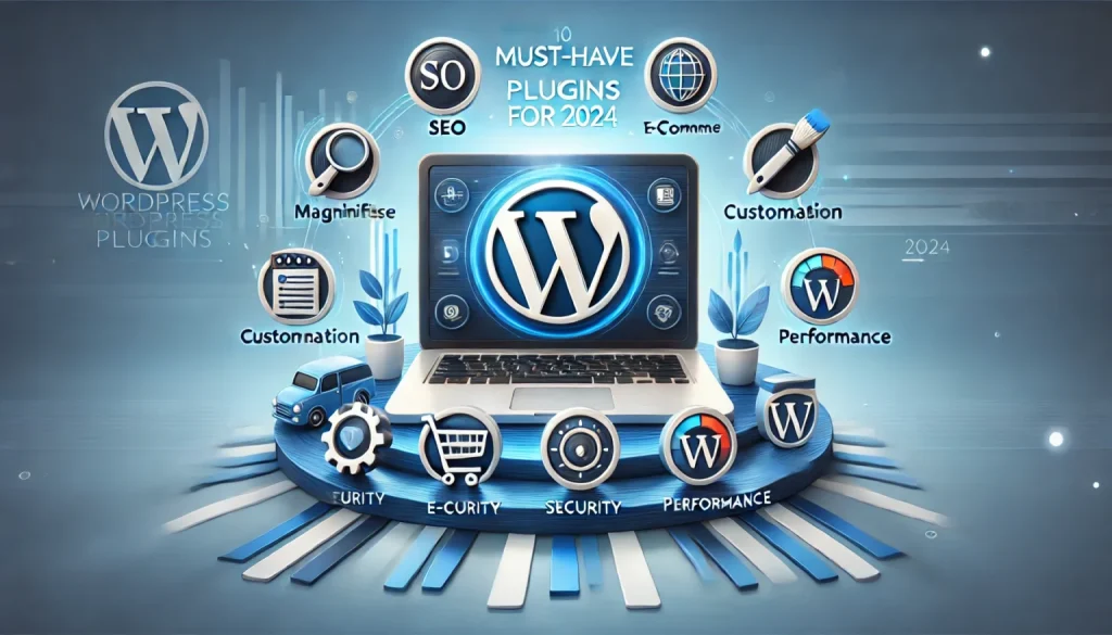 افزونه های ضروری وردپرس 1 DALL·E 2024 11 22 11.09.11 A professional landscape image for Top 10 Must Have WordPress Plugins for 2024. It shows a laptop screen displaying the WordPress logo surrounded b 1536x878 1